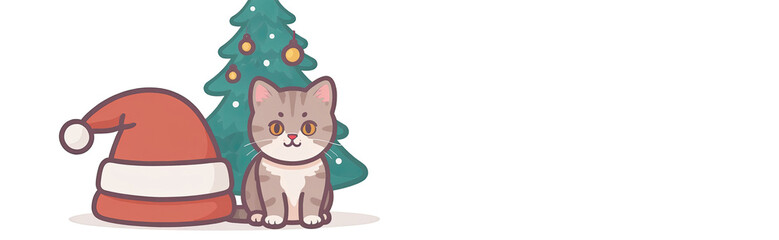 A British-bred cat sits next to a Christmas tree on a white background