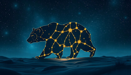 "A starry bear constellation coming to life and walking through a galactic landscape."