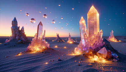 Fototapeta premium A vast desert with towering crystal formations that glisten under the golden rays of the setting sun