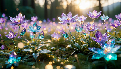A vast meadow filled with glowing crystal flowers in shades of violet, turquoise, and amber. The cry