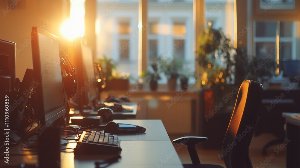 Poster Sunlit office workspace with computers and empty chair.