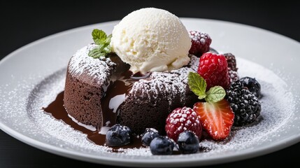 Photo of, A decadent chocolate lava cake oozing with molten chocolate and served with a scoop of vanilla ice cream, Lava cake plated elegantly