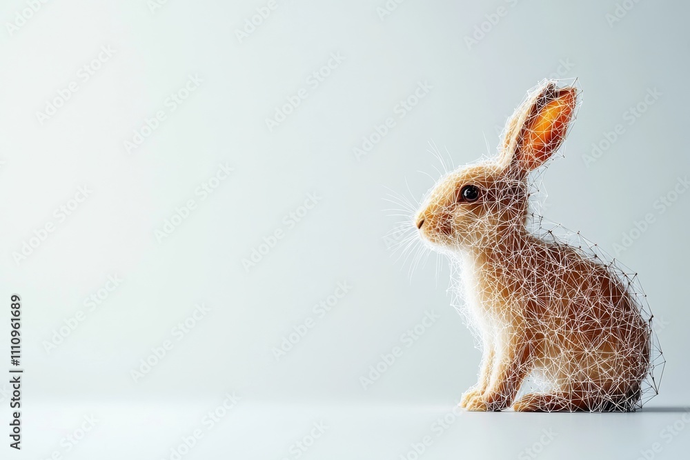 Poster an artistic rendering of a rabbit constructed from a geometric wireframe mesh, presenting a blend of