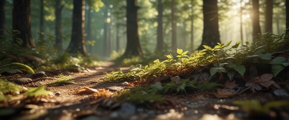 Obraz premium Soft focus, warm sunlight illuminates forest floor, highlighting leaf textures, tree shadows, dappled light