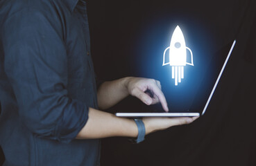 Business people using computer laptop with Space icon in concept of Growth and Expansion for...