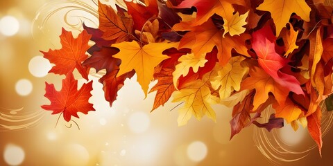 Autumn background with a close up of maple leaves on a blurred bokeh