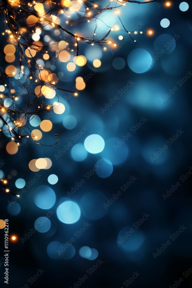 Poster a mesmerizing bokeh light display in shades of blue and gold, creating an enchanting and dreamy atmo