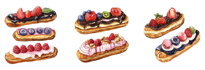 Watercolor set of eclair cakes covered with chocolate glaze and decorated with berries png. Appetizing eclair cakes with custard covered with chocolate and decorated with malt.