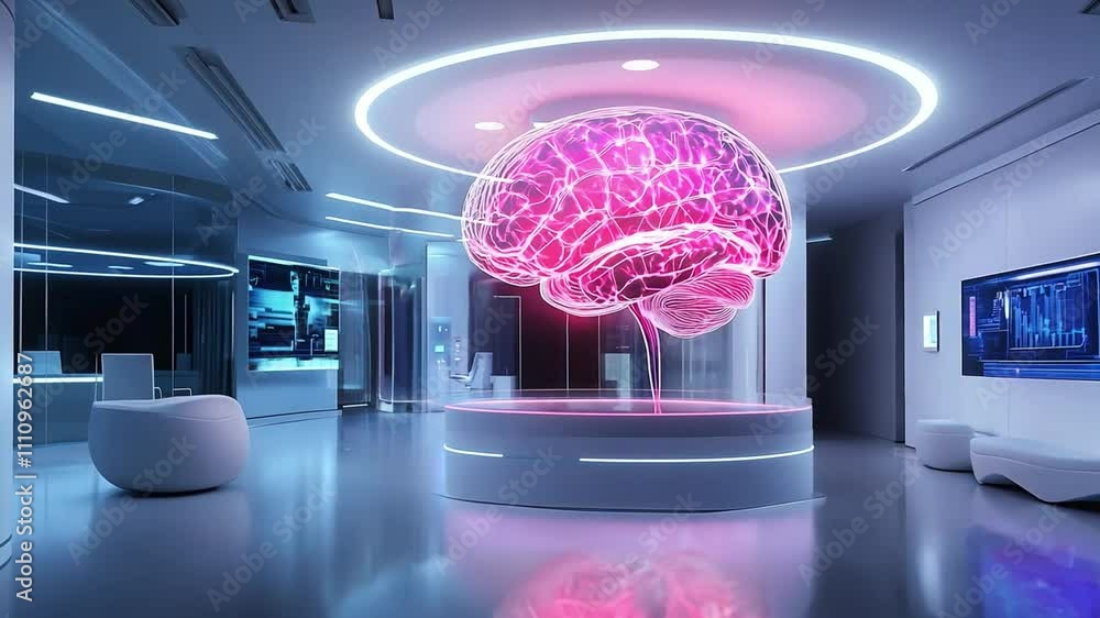 Poster modern neuroscience laboratory facility with a glowing brain display highlights advanced tech and sc
