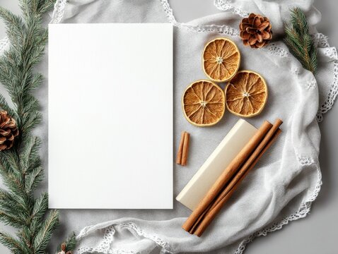 A cozy winter setting featuring blank paper, dried oranges, cinnamon sticks, pinecones, and spruce branches on a delicate lace cloth, perfect for seasonal projects.