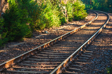 Fototapeta premium Tranquil railway track winding through lush greenery during golden hour in a serene environment
