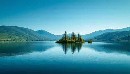 Fototapeten A wide landscape of a calm blue lake surrounded by distant green hills and mountains. The sky is bri © vanAmsen