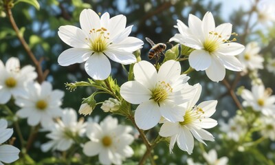Soft white blooms attracting pollinators with nectar, sunny, pollen
