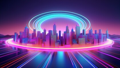 Obraz premium A beauty city skyline glowing in pastel lights, surrounded by a halo of prosperity and economic achievement. futuristic