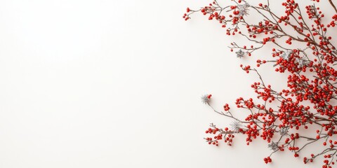 A striking arrangement of vibrant red berries interspersed with frosty twigs against a backdrop of pure white, symbolizing winter's beauty and freshness.