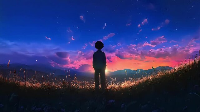 Silhouette of a boy standing in a field at sunset, surrounded by vibrant clouds.