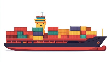 a cargo ship with stacked containers, global trade theme, flat design, bright colors, isolated on white background -