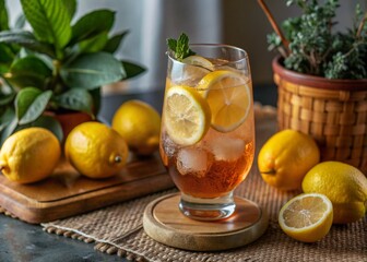 Fototapeta premium Homemade Limoncello spritz drink of liqueur and lemon in cocktail glass