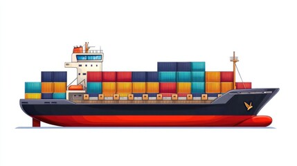 a cargo ship with stacked containers, global trade theme, flat design, bright colors, isolated on white background -
