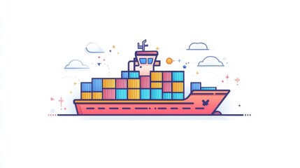Obraz premium a cargo ship with stacked containers, global trade theme, flat design, bright colors, isolated on white background -