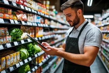 Young man checking inventory while standing in a grocery store aisle. Generative AI