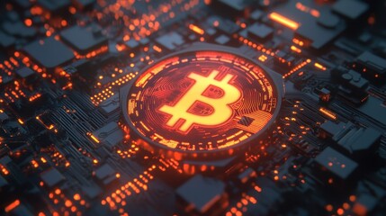 Glowing Digital Bitcoin Symbol on Circuit Background