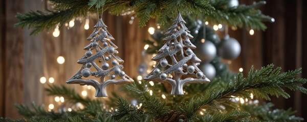 Sparkling silver ornaments adorn the branches of a stunning wooden Christmas tree, luxury decor, stunning decoration, elegant ornamentation