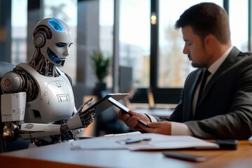 Collaborative discussion between human and robot in a modern office setting. Generative AI