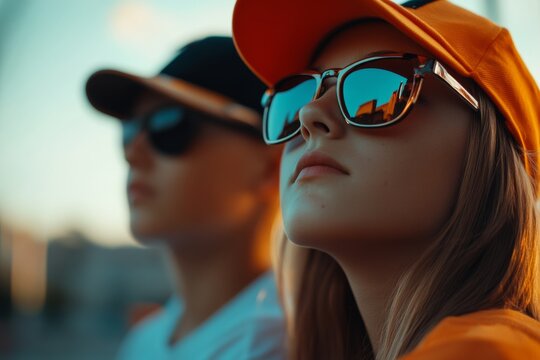 A modern and stylish image showing two individuals wearing baseball caps and reflective sunglasses, exuding confidence and coolness in an urban setting.