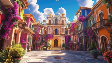 Fototapeta premium Vibrant, colorful town square with ornate buildings and flowering plants under a sunny sky.