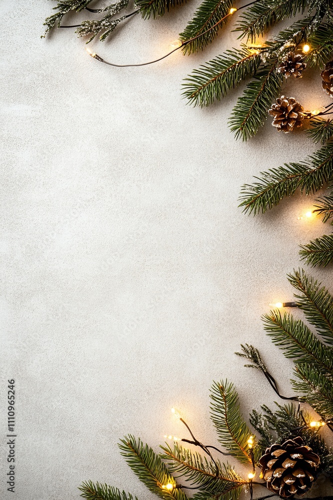 Poster an arrangement of evergreen branches with pinecones and warm string lights on a soft, neutral backgr