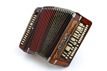 Vintage brown accordion with ornate details isolated on white background.
