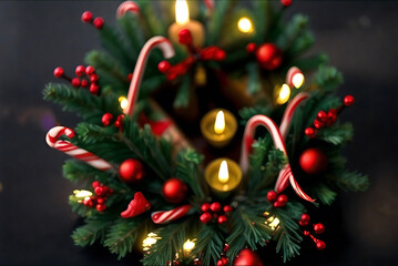 Festive Christmas decorations featuring pine branches, red ornaments, and candy canes arranged on a dark background. Perfect for holiday themes and seasonal celebrations