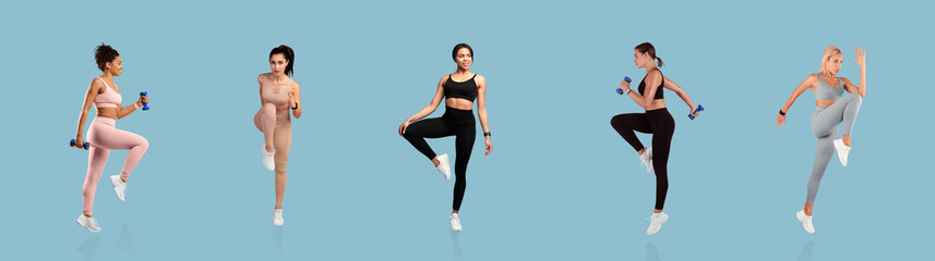 Five women are performing various fitness routines with small weights. They showcase different exercises in colorful workout attire, emphasizing strength and agility against a light blue backdrop.