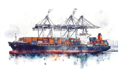 Naklejka premium a container ship with cranes, harbor setting, watercolor illustration, soft tones, isolated on white background