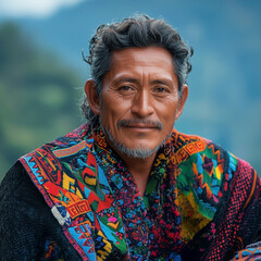 Indigenous Guatemalan man in traditional attire against a lush background