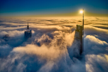 Beautiful panoramic fabulous, mesmerizing, unreal, aerial drone view of skyscrapers sticking out of...