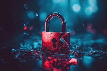 Red padlock on shattered glass with dramatic blue lighting for security concept