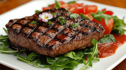 A grilled steak served on a bed of greens with tomatoes and garnished with herbs.