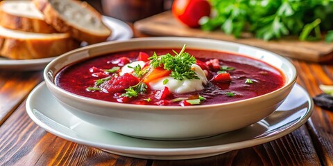 Traditional Ukrainian Russian borscht or red soup in the bowl.