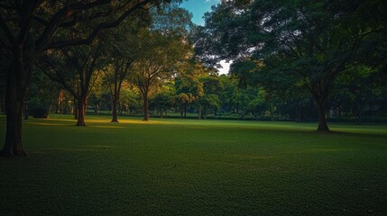 Obraz premium Quiet green park with large trees and lawn at sunset