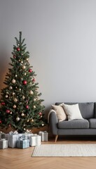 illustration of a living room decorated with a Christmas theme with a large space, tables and sofas