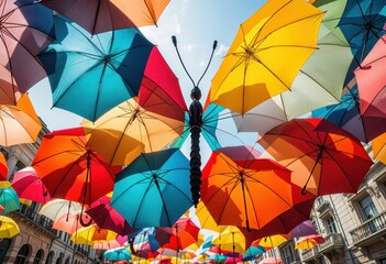 Vibrant Installation of Colorful Umbrellas Suspended Above a City Street Creating a Dynamic and Artistic Display with a Clear Sky Background and Surrounding Urban Architecture
