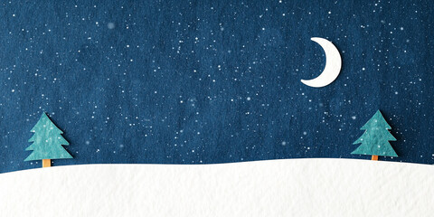 Playful winter banner background in applique style, featuring a textured night sky, crescent moon, and a snowy landscape with paper-cut pine trees. Copy Space for Festive Messages