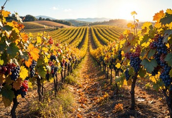 Vibrant Vineyard Rows Stretching to the Horizon with Ripe Grapes and Colorful Autumn Leaves Illuminated by Golden Hour Sunlight in a Picturesque Countryside Setting
