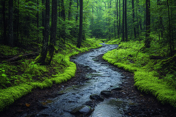 Obraz premium Serene Forest Stream Mossy Banks Green Trees
