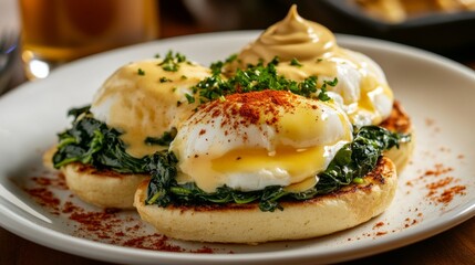 Photo of, A decadent plate of eggs Florentine served with saut&eacute;ed spinach, poached eggs