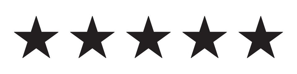 Quality rating symbols. Set of five-pointed yellow stars with shadow isolated on transparent background. Product quality assessment icons. Vector illustration.