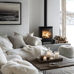 Minimalist, rustic interior design of modern living room. Corner sofa with grey and fur pillows near fireplace.


