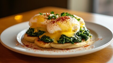 Photo of, A decadent plate of eggs Florentine served with saut&eacute;ed spinach, poached eggs